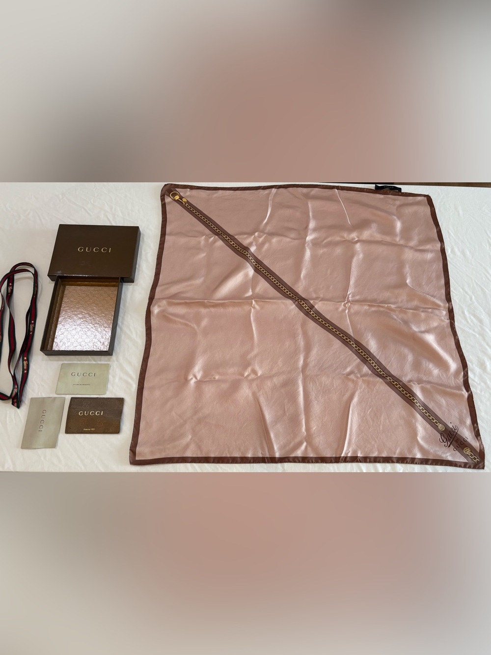 Gucci Pink and Brown Silk-Feel Square Scarf Throw